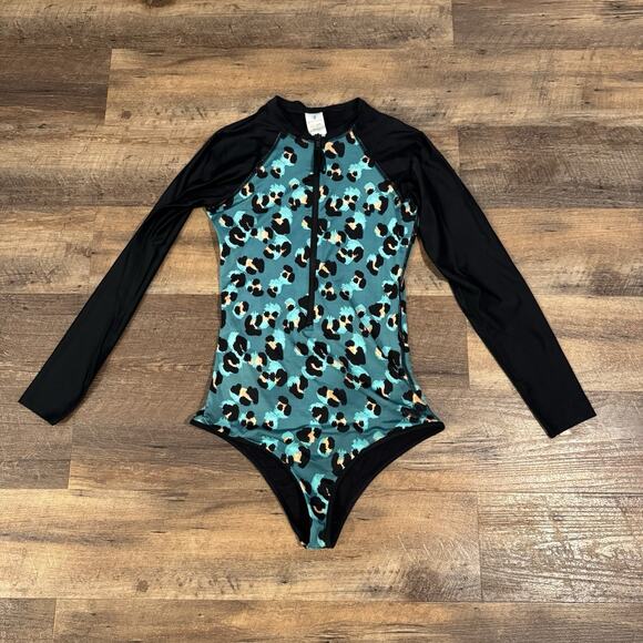 Body Glove One Piece Long Sleeve Swimsuit Rash Guard Black Teal Leopard Print M - Picture 1 of 7